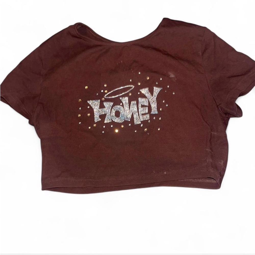 SHEIN Brown Crop Top with Silver 'Honey' Design
